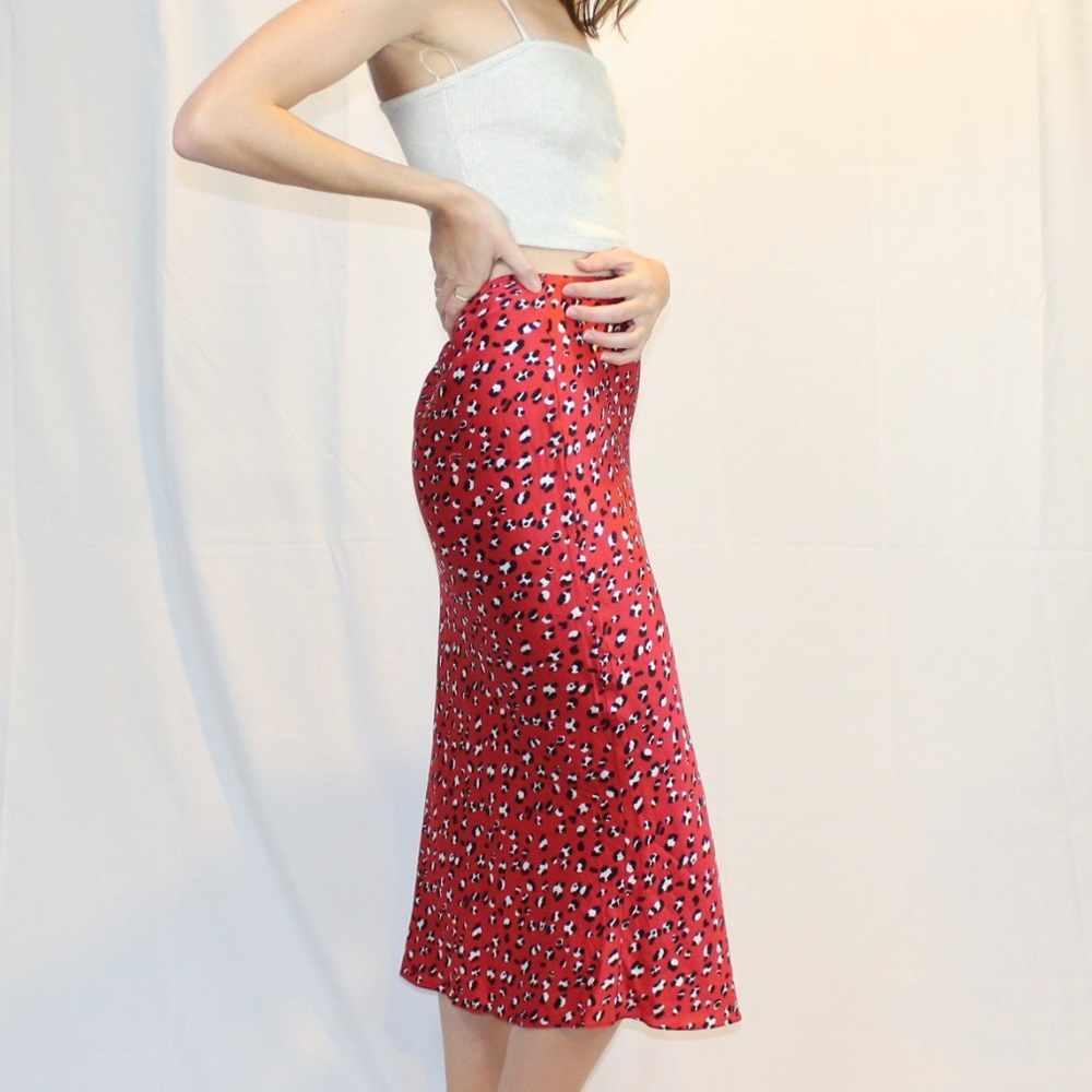 UO Red Silk Cheetah Print Midi Skirt